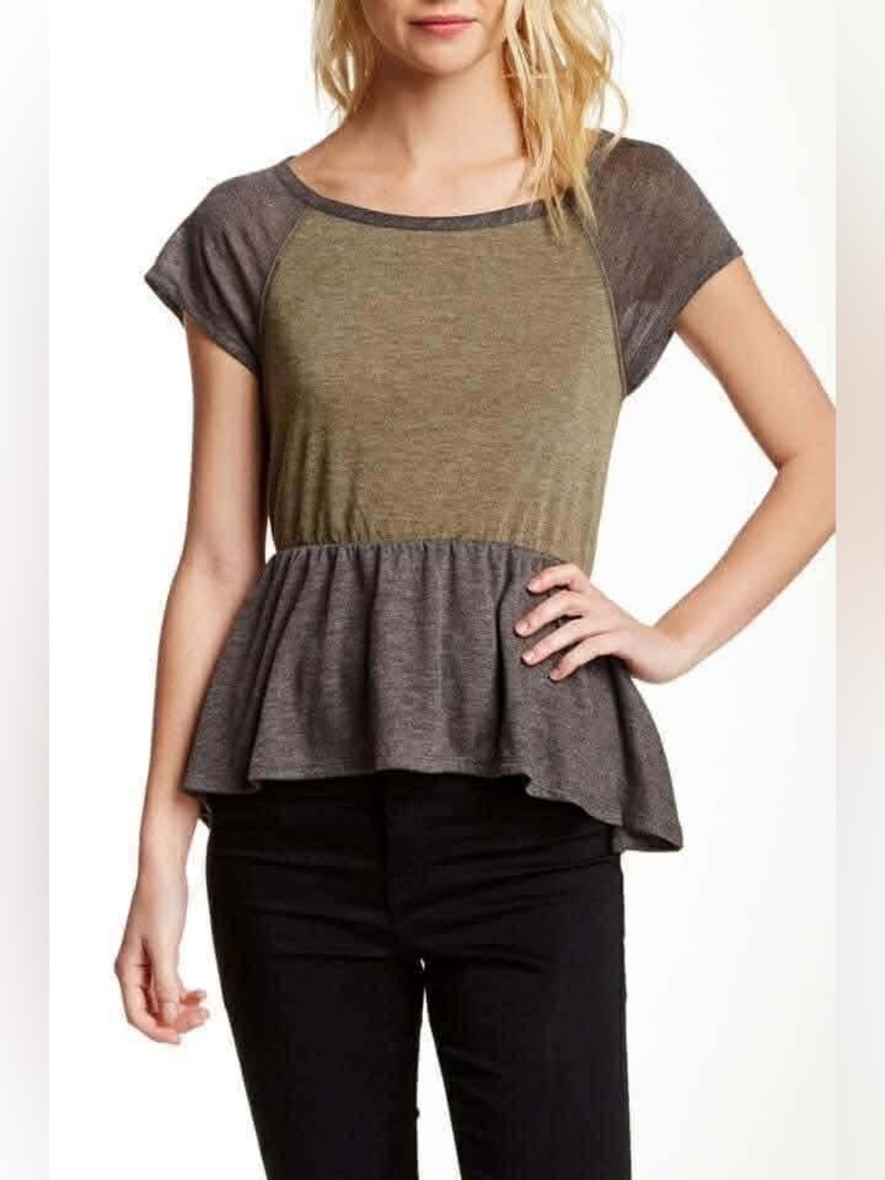 NWOT Sweet Pea Olive and Charcoal Two-Tone Peplum Jersey Top—Size Large